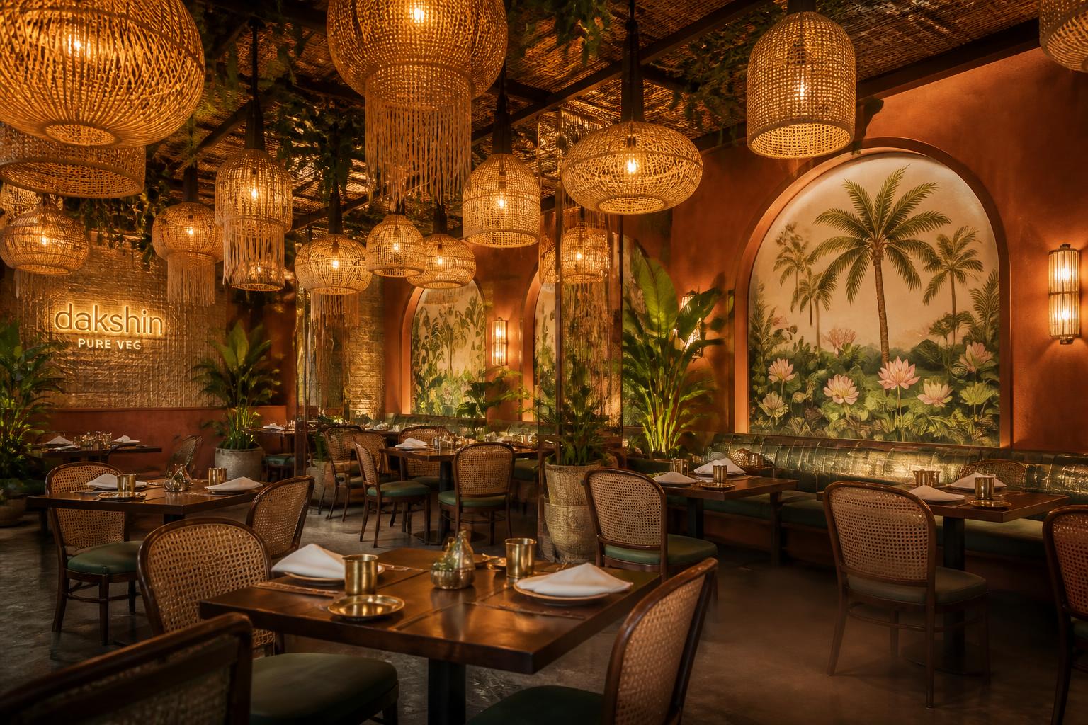 Interior of Skanda Cafe with rattan lamps and tropical murals